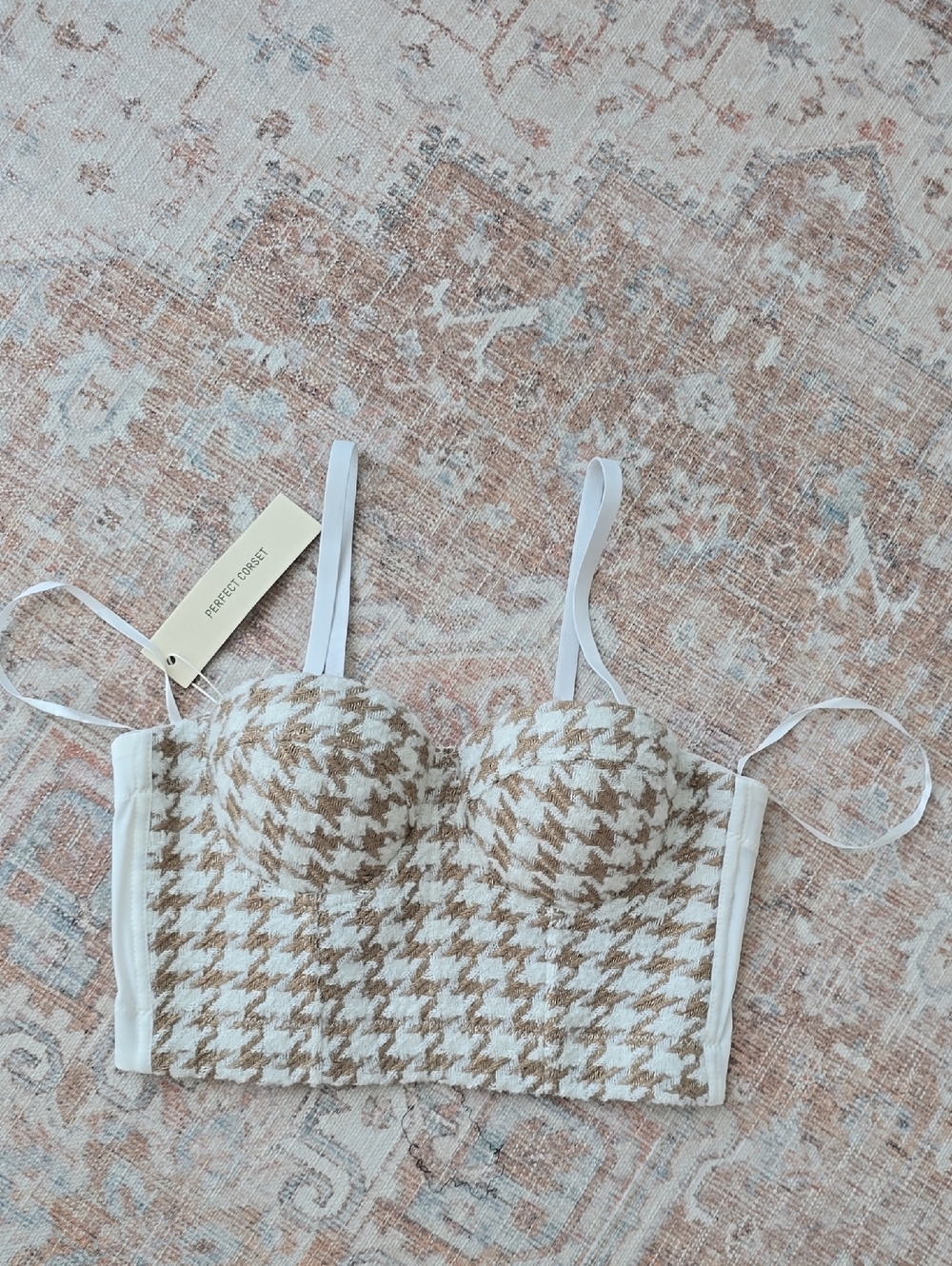 Perfect Corset Houndstooth Longline Bustier Bra – White & Tan